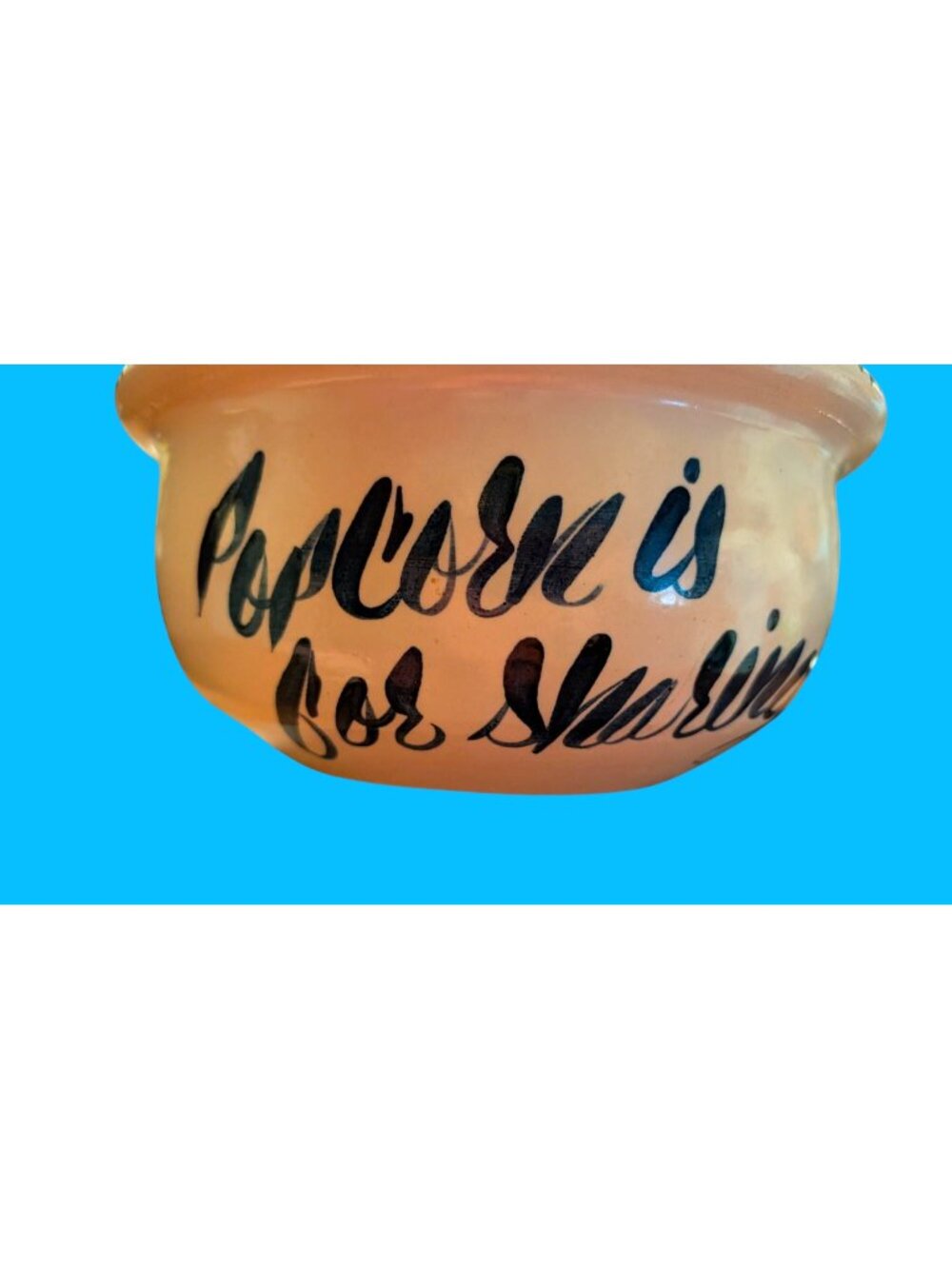 Popcorn Is For Sharing Ceramic Bowl With Blue Accent Trim